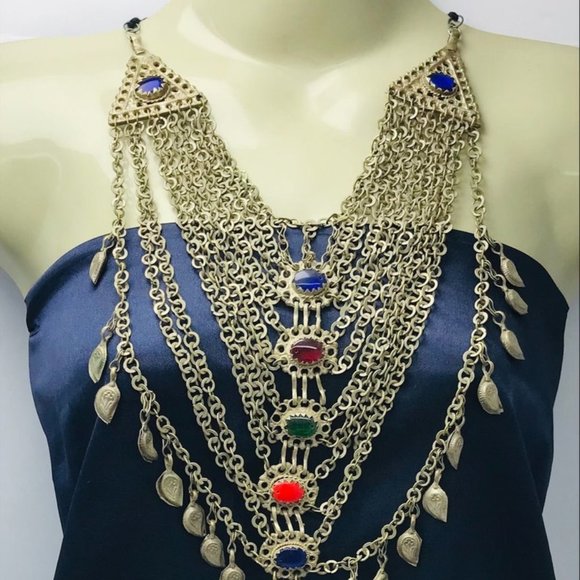 Multilayers Bib Necklace With Dangling Massive Pendant and Multicolor necklace - Picture 1 of 8